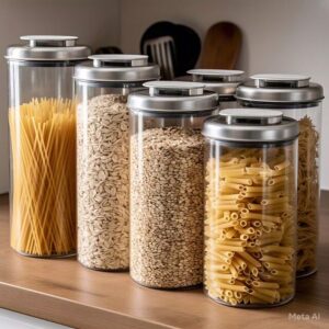 grains and pasta in airtight canisters